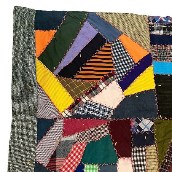Vintage Handmade Crazy Quilt Patchwork Throw Mixed Fabrics Embroidered 1950s–70s - Picture 7 of 14